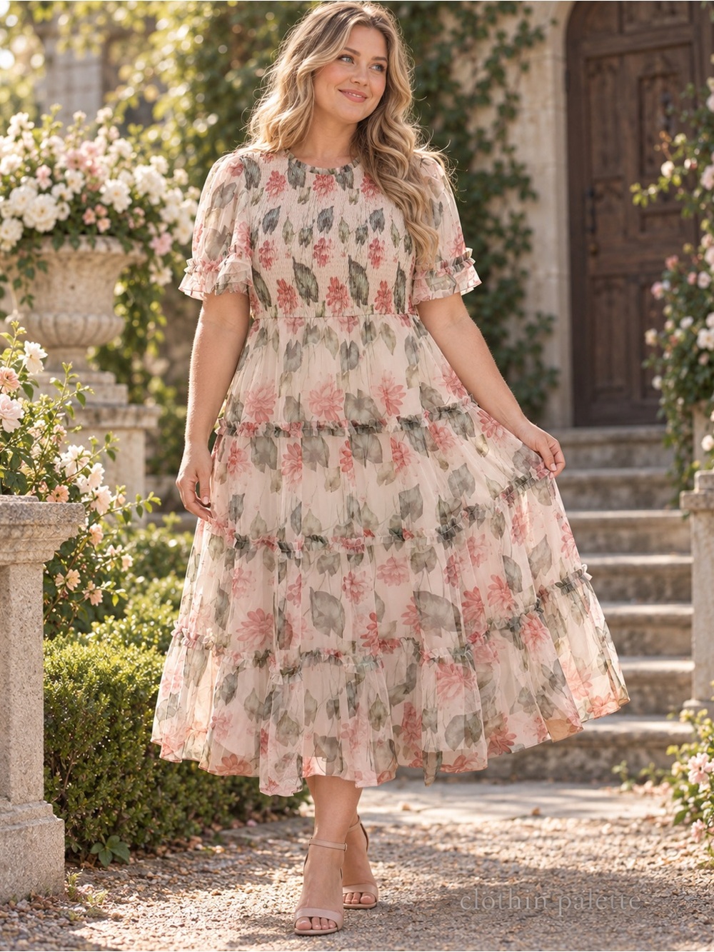 NWT Celadon Adeline Floral Mesh Smocked Tiered Midi Dress L